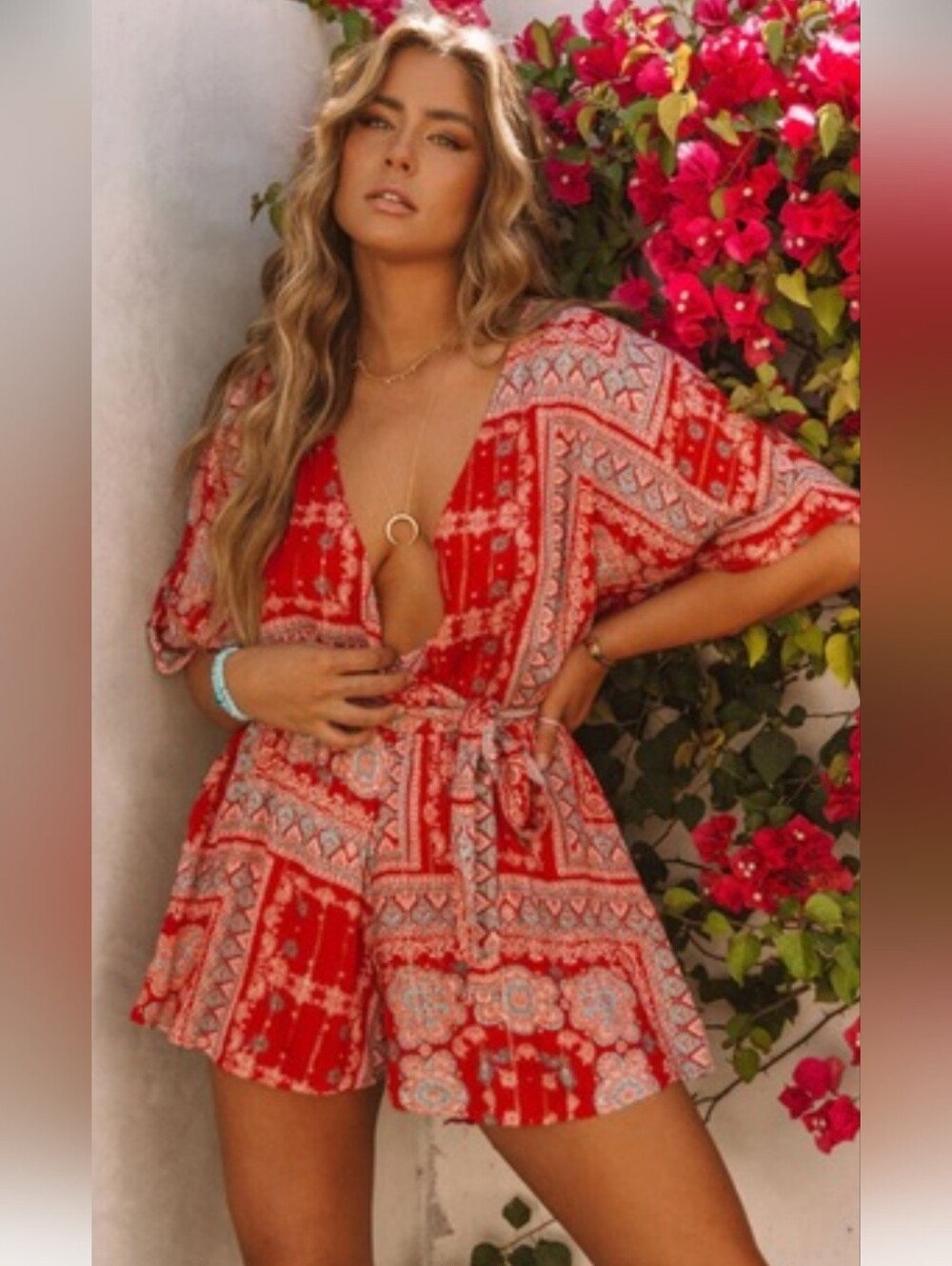 lovestitch Red Printed Short-Sleeve Romper Metallic